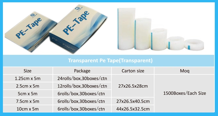 Direct Manufacture Medical Adhesive Tape/ Surgical Transparent Tape Roll/PE Tape Roll 1"/2"/3"/1.25cmx/2.5cm/5cm/10cm